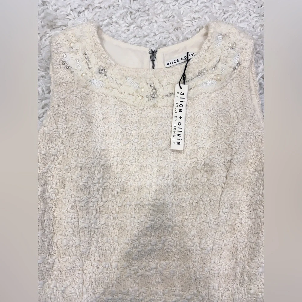 NWT Alice + Olivia Haven Embellished Ivory Tweed Dress - Picture 5 of 12
